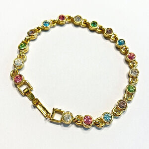 Colorful Crystal & Gold Chain Bracelet Delicate Romantic Cottage Core Pink Blue